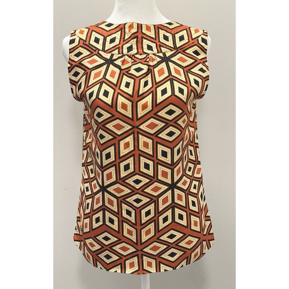 Tory Burch Orange Blue Geometric Boat Neck Sleeveless 100% Silk Blouse-Sz 4
